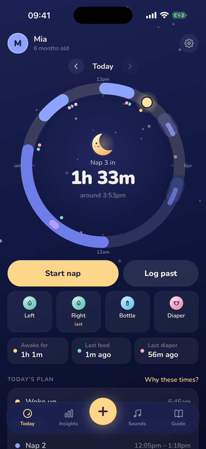 Lunita's Today screen: a 24-hour Moon Ring with naps and the countdown to the next nap